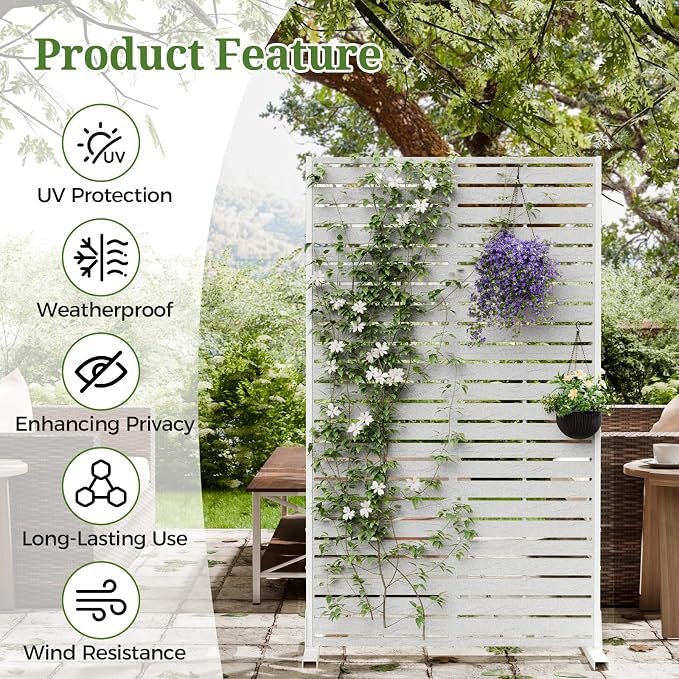 Privacy Screen Outdoor 60" Hx35 W Freestanding Privacy Panel with Stand, HDPE Decorative Privacy Fence with Sandblasting Louver Pattern, Patio Divider Screen, Privacy Screens for Outside