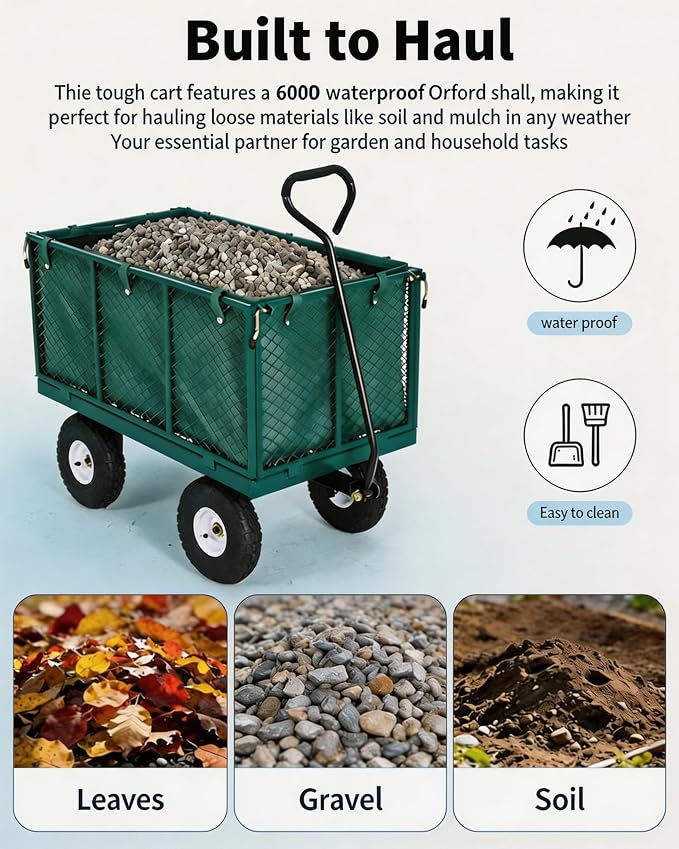 GarveeTech 400LBS Heavy Duty Steel Garden Cart, Garden Wagon Cart on Wheels, Metal Yard Utility Wagon with Removable Mesh Sides, 10" All Terrain Tires, 180° Rotating Handle for Lawn, Garden, Farm