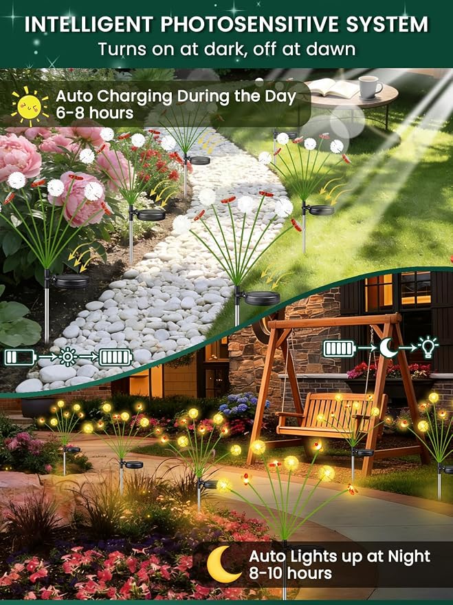 EEW Solar Garden Lights Outdoor 10 Pack 80 LED Swaying Dandelion Bee Lights | Newly 3-Layer Design, Auto On/Off, IP65 Waterproof, 2 Modes, Adjustable Stem, Garden Lawn Pathway Patio Party Decorations