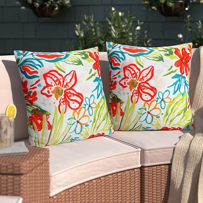 Merrycolor Pack of 2 Outdoor Pillow Covers 18x18 Waterproof Pillow Cover Floral Decorative Square Pillowcase Outdoor Pillows for Patio Furniture Garden Balcony Couch(Red and Sage