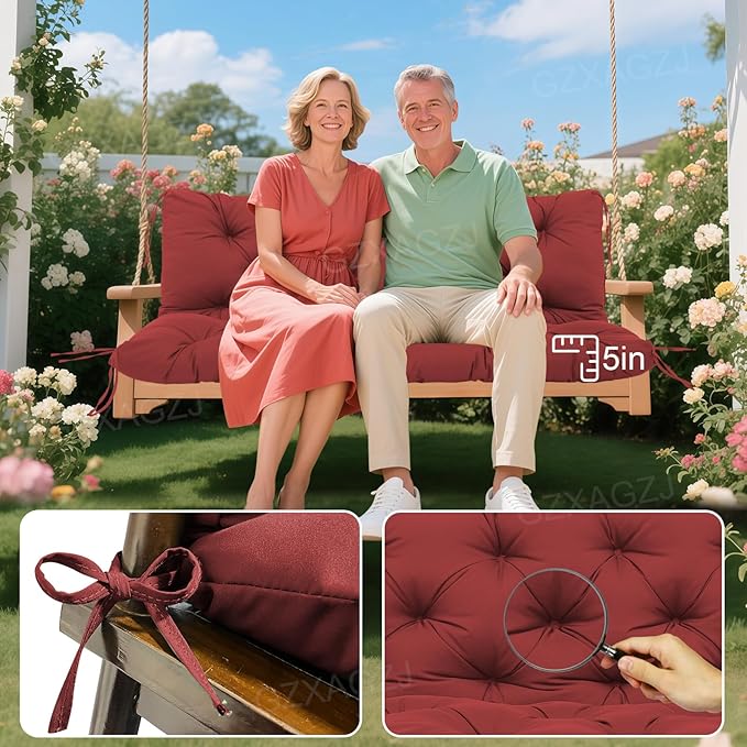Porch Swing Cushions Outdoor 48 inch Waterproof Swing Cushion 3 Seater Replacement with Backrest and Ties Thicken 5" Bench Swing Cushions for Outdoor Furniture Patio(Wine Red48x40x5inch)