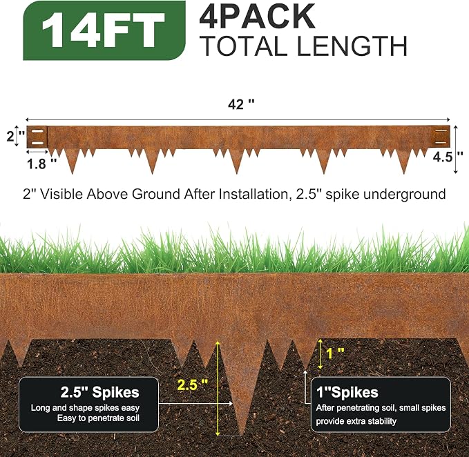 Metal Landscape Edging Border 4 Packs 42'' L x 4.5'' H, Pre-Rusted Steel Garden Edging Border with 4 Stakes, Hammer-in Lawn Edging for Landscaping, Flower Bed, Yard, Pathway, Tree Ring (14ft Total)