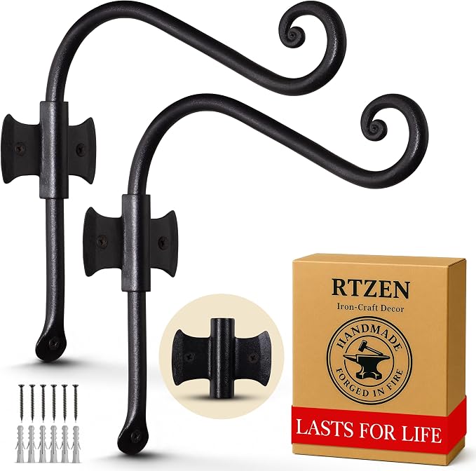 RTZEN Plant Hangers Outdoor or Indoor - Wrought Iron Metal Hanger Indoor Hook - Heavy Duty Wall Bracket Hooks for Hanging Plants Baskets Lanterns Bird Feeders - 2 Pack (Black Axe-Shape Hooks 7.5")