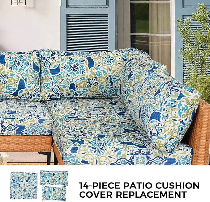 14 Piece Outdoor Patio Cushion Covers Replacement Waterproof with Zipper for 6-Seater Sectional Couch Chair Patio Furniture Conversation Sofa Seat Cushions Slipcovers Set, Only Cover