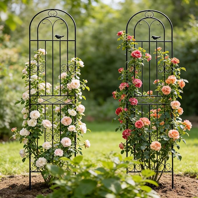 2 Pack 86.7" H x 19.7" W Metal Garden Trellis with Black Coating, Wire Lattice Grid Panel for Climbing Plants Outdoor Roses Vine Cucumbers Vegetables Flower Support (86.7" H, 2 Pack)