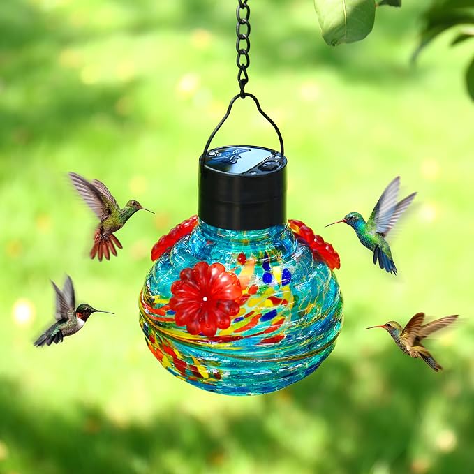 VOREEN Hand Blown Glass Solar Hummingbird Feeder for Outdoor Garden, Waterproof 17oz Hanging Feeder with Colorful Tail Pattern & LED Light, Daytime Bird Feeder & Night Decorative Lantern