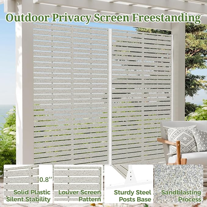 Privacy Screen Outdoor 72" Hx47 W Freestanding Privacy Panel with Stand, HDPE Decorative Privacy Fence with Sandblasting Louver Pattern, Patio Divider Screen, Privacy Screens for Outside