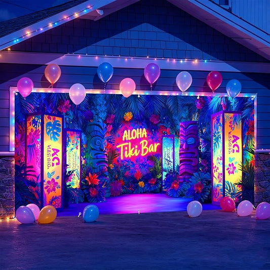 7 * 16FT Summer ALOHA & Tiki Bar Garage Door Cover Decorations Sunset Palm Trees Garage Door Banner for Outdoor Indoor Summer Party Photography Backdrop