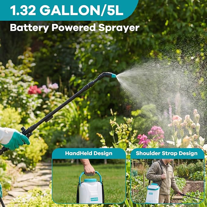 1.32 Gallon Battery Powered Sprayer with Adjustable Shoulder Strap, 0-60 PSI Adjustable Pressure, Electric Sprayer with 1 Nozzles and 1 Wands, 12V 2Ah Battery, Wide Mouth Lid for Weeding, Spraying