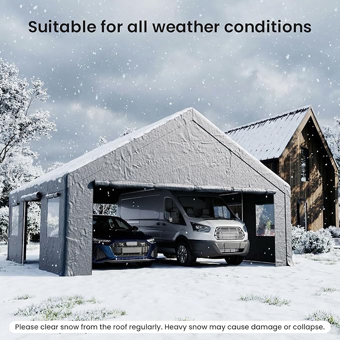 COSIEST 20'×20' Storage Shelter Outdoor Gable Roof Carport with Removable Side Walls, Heavy-Duty Garage Canopy Weatherproof PE Cover, Multi-Purpose Vehicle, Tractor Shed for Backyard, Driveway (Gray)