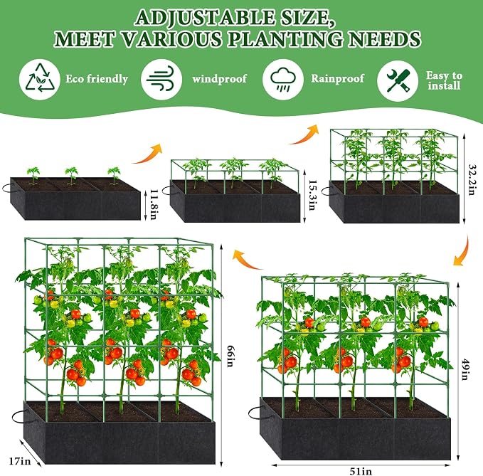 66x17x49 Inch Garden Tomato Cages with 46 Gallon Grow Bags, Square Plant Support Trellis Assembled with Planter Bags, Garden Cucumber Vegetables Frames for Vertical Climbing Plants