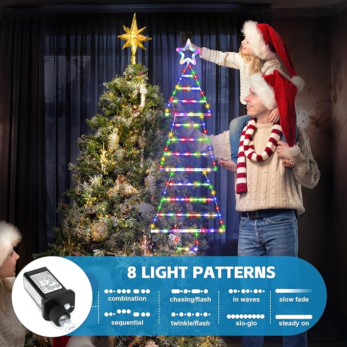 LED Christmas Lights Outdoor,4.6ft 189 LED Christmas Tree Ladder Light with Star Topper 8 Modes Christmas Decorations Lights for Indoor Outdoor, Window, Garden, Home, Wall, Xmas Tree Decor-Multicolor