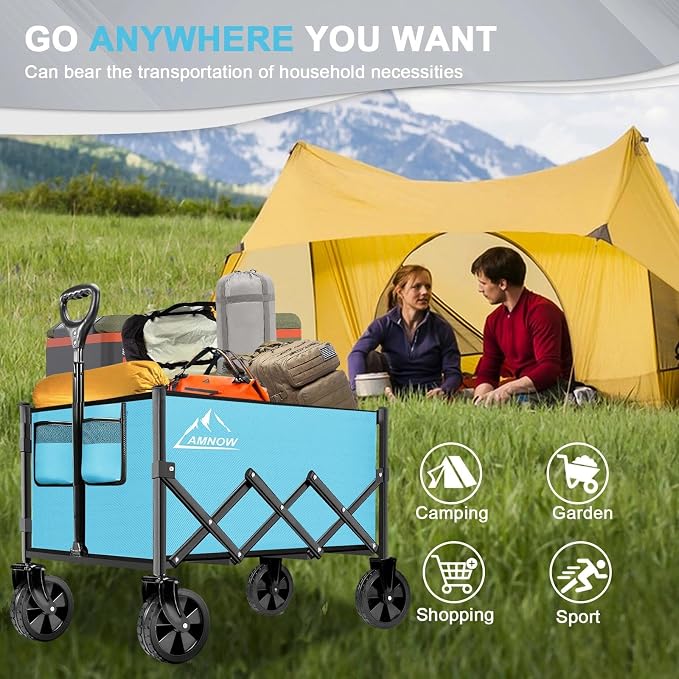 Collapsible Folding Wagon Cart, 350LBS Utility Large Capacity Cart Foldable Wagon with All Terrain Wheels, Grocery Wagons Carts for Garden Shopping Sports Camping, Light Blue