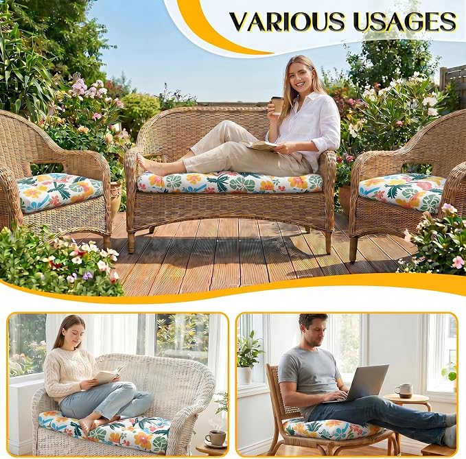 1 MIDDLE ONE Wicker Chair Cushions 3 Pieces Set for Outdoor Furniture, Replacement Patio Wicker Furniture Cushions, 1Pc Loveseat Cushion & 2Pcs Chair Cushions (Tropical Palm Floral)