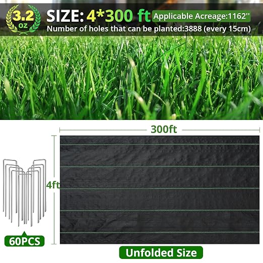 GOTGELIF 4ft×300ft Garden Weed Barrier Fabric, 3.2OZ Weed Blocker with 60 U-Shaped Nails, Ground Cover for Gravel, Driveway, Gardening, Flower Beds, Farming, Underlayment, Landscape