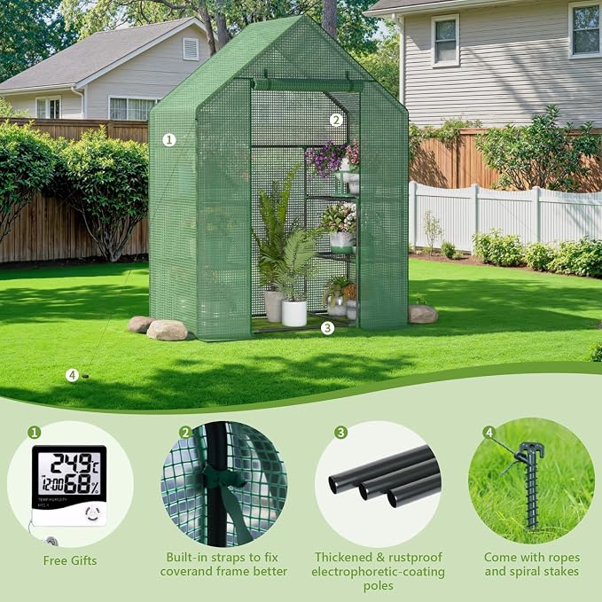 Greenhouse for Outdoors, Portable Green House, Walk in Greenhouses with Durable PE Cover, 57 x 29 x 76 inch Greenhouse with Shelves Stands,Green