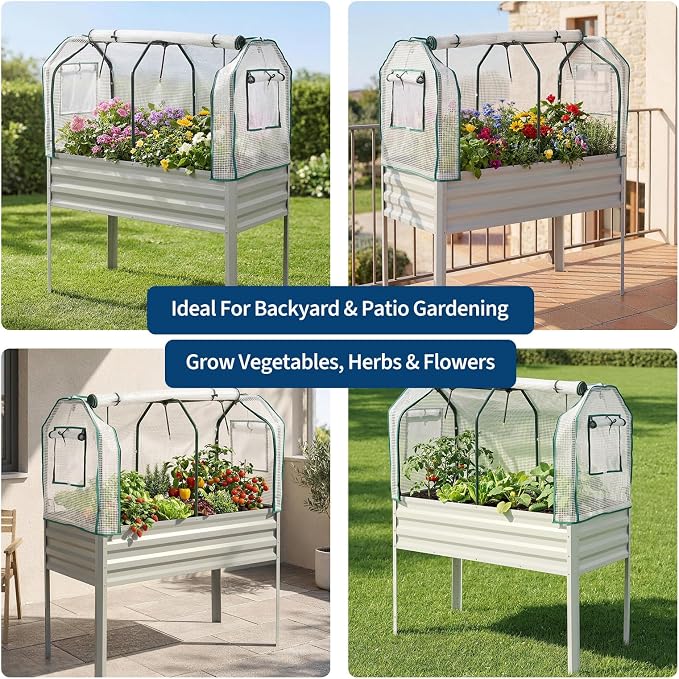 48×24×56in Galvanized Elevated Raised Garden Bed with Legs, Greenhouse Cover & Bird Net, Deep Metal Raised Planter Box for Backyard Patio Balcony Vegetables Herbs Flowers
