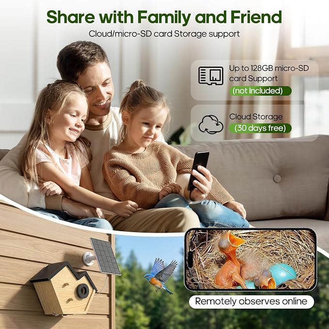 Wooden Bird House with Camera, 2K HD WiFi Smart Bird Feeder with AI Identify Birds Species & LED Light, Instant Alerts with Solar Powered Wireless Outdoor Birdhouse, Gifts for Bird Lovers