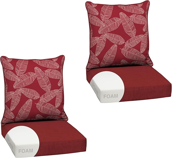 Arden Outdoor Foam Deep Seat Cushion Set (2-Pack), 24x24, Premium High-Density Foam, Never Flattens, Weather-Proof for Patio Chair Sofa Couch, Red Leaf Palm