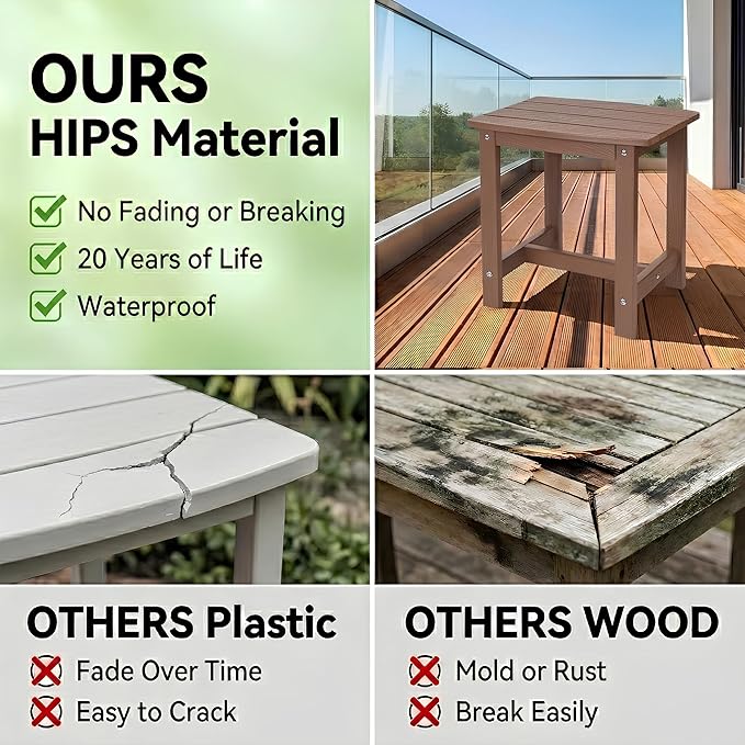 Y&M Outdoor Side Table, HIPS Adirondack Small Single Table, Waterproof Square Outside Table, Balcony Modern End Tables for Patio, Pool, Beach, Porch, Deck, Indoor or Outdoor Use, Brown