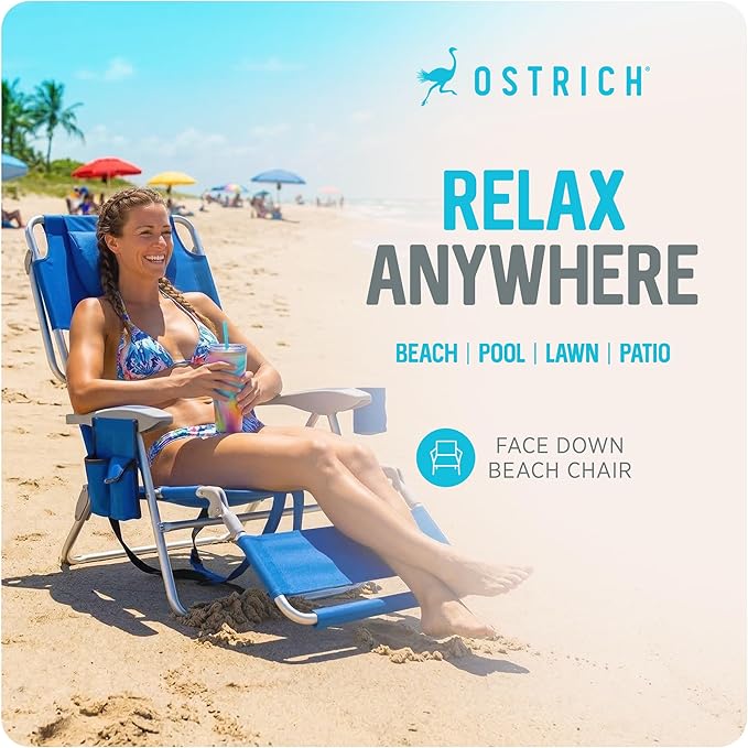 Ostrich the Backpack 3N1 Portable Chair with Cooler Bag and Reclining Lounger for Tanning, Camping, Beach, and Outdoor Essential, Blue