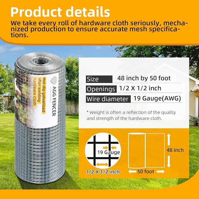 Hardware Cloth 1/2 inch 48 x 50ft Chicken Wire Fencing 19Ga, Hot Dipped Galvanized After Welding Garden Plant Supports Welded Metal Chicken Wire Fence, Poultry Animal Netting Cage Screen