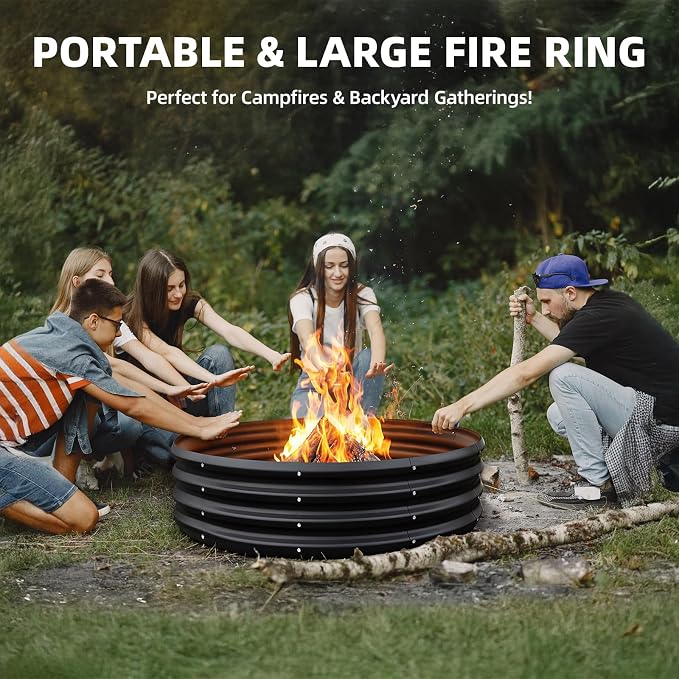 48 Inch Fire Pit Ring for Outside, 4FT Diameter Wood Burning Fire Ring, Large Round Galvanized Steel Fire Pit, Metal Outdoor Fireplace for Backyard, Patio, Camping, Bonfire (Black)