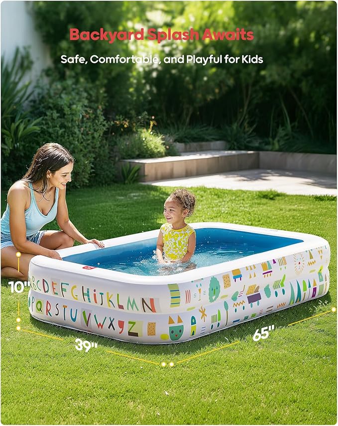 QPAU Kiddie Pool – 65" x 39" Inflatable Pool for Kids & Toddlers, Ball Pit & Baby Pool with Soft Floor, Educational Alphabet & Number, Durable Outdoor Play Toys for Backyard & Indoor Fun (Blue)