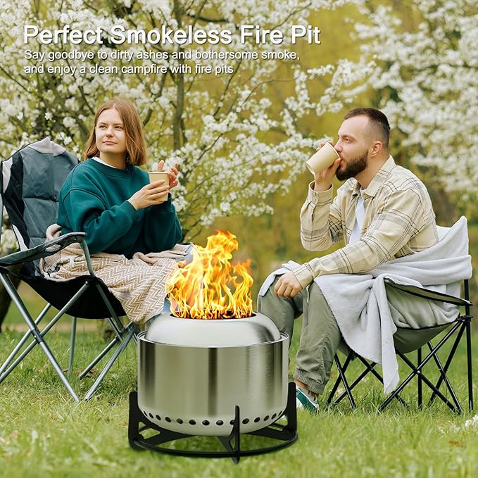 M METERXITY 20 Inch Smokeless Fire Pit with Stand/Removable Ash Pan/Campfire Ring - 304 Stainless Steel Smokeless FirePits for Outside Wood Burning, Outdoor Fire Pit Portable for Patio, Camp
