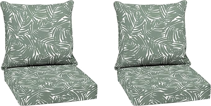 Arden Outdoor Deep Seat Cushion Set (2-Pack), 24 in x 24 in, Weather-Proof, Rain-Proof, Fade Resistant Patio Cushion for Chair, Sofa, and Couch Sage King Palm
