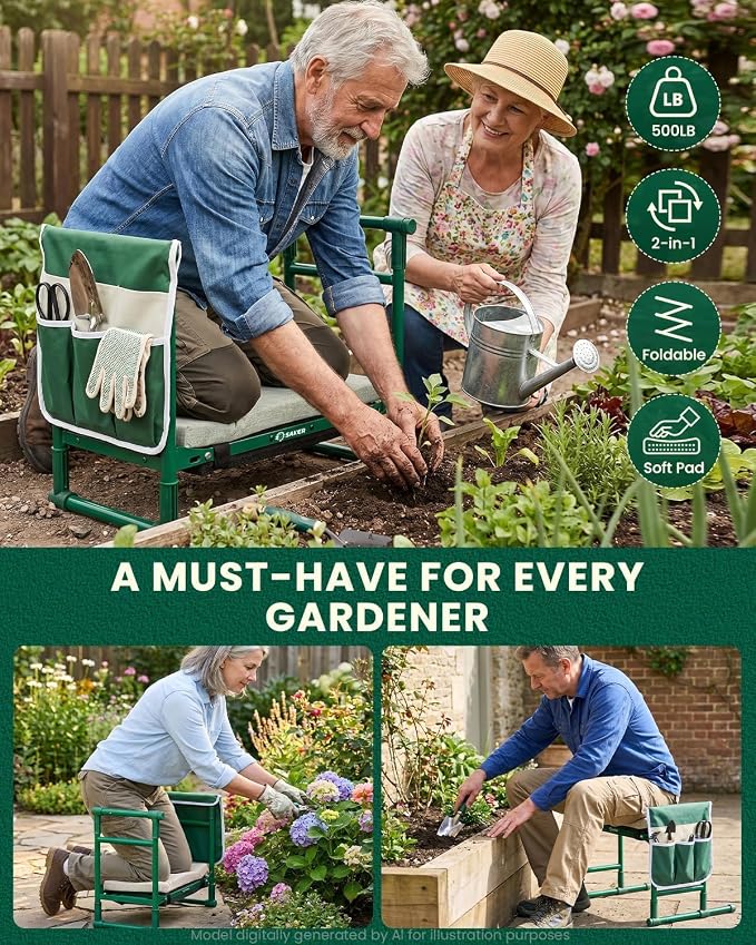 Saker 2026 Upgraded Garden Kneeler and Seat - Gardening Bench Gardening Stool with 500LB Heavy Duty Round-Tube Frame, Soft Kneeling Pad Foldable Support for Elderly, Gardening (Basic Version)