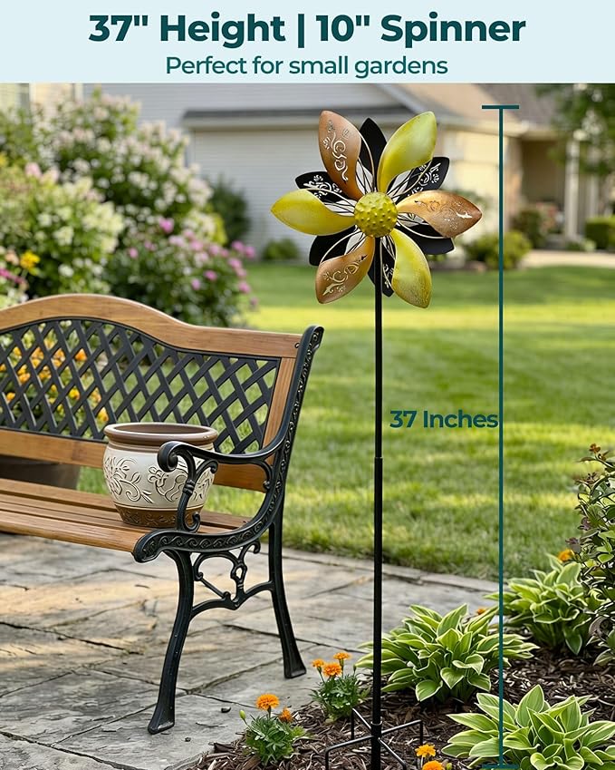 Metal Wind Spinner for Yard, Double-Sided Kinetic Garden Spinner, 37" H Outdoor Yard Decor with 5-Prong Ground Stake, Weather-Resistant Lawn Ornament