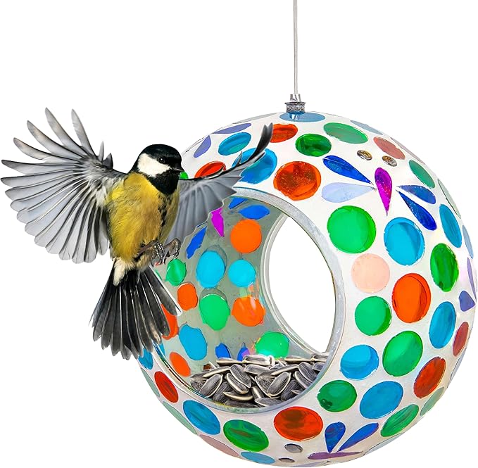 Sunnydaze 6-Inch Glass Mosaic Hanging Bird Feeder for Outdoors - Fly-Through Glass Bird Feeder for Cardinals, Jays, Finches and More - Dragonfly Dreams