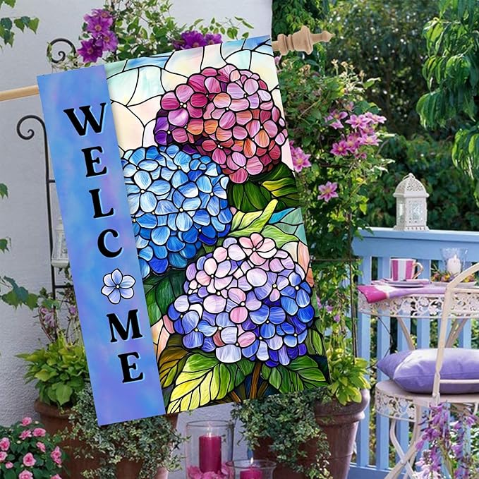 Hydrangea Spring Summer House Flag 28 x 40 Double Sided for Outside Stained Glass Flower Garden Decor Blue Floral Welcome Outdoor Yard Banner
