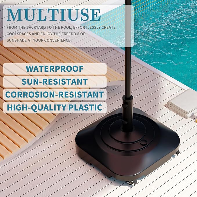 Umbrella Base, Heavy Duty Patio Umbrella Stand with 5 Wheels, Max 100lb Fillable Mobile Outdoor Base, Pole Holder 2 Knobs, UV Resistant and Windproof Design for Patio, Deck, Poolside, Lawn(19 in)