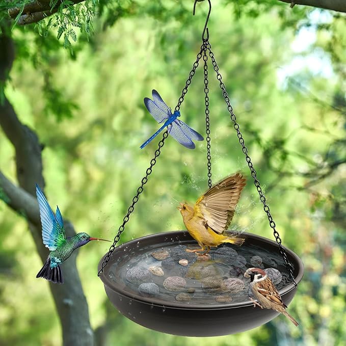 Hanging Bird Bath for Outside,11" Metal Bird Feeder Birdbath Bowl with 13.5" Rust-Proof Black Chains for Garden Backyard Decor with Magnetic Dragonfly Decor Dark Curry