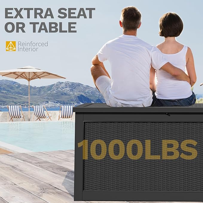 DWVO 320 Gallon XXL Extra Large Deck Box, Resin Outdoor Storage Box, Lockable & Waterproof, Double as Seating, 1000lbs Capacity (Black)