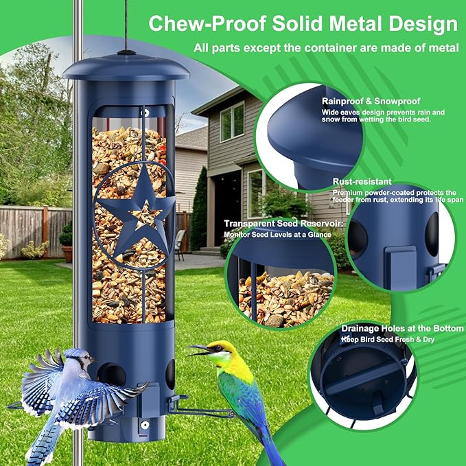 Squirrel Proof Bird Feeders for Outdoors with Weight-Activated, 3LB Large Metal Wild Bird Feeders for Cardinals,Blue Jay,Finch, Weatherproof Durable Tube Hanging Bird Feeder for Backyard,Garden,Patio