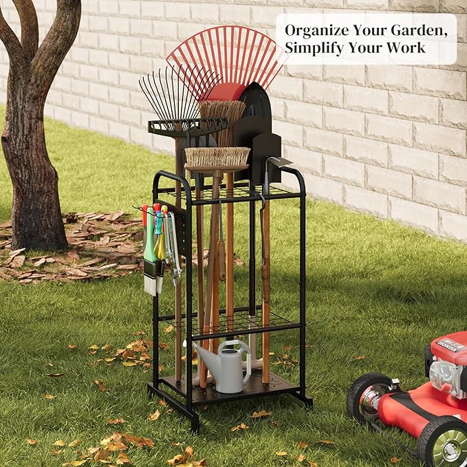 Garden Tools Organizer Rack, Yard Tool Rack, Heavy Duty Steel Yard Tool Organizer and Storage Holder Broom Holder for Shed, Patio, Outdoor (Rack with Hooks)