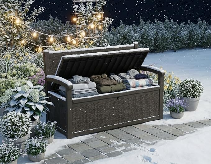 80 Gallon Outdoor Storage Bench, Waterproof Patio Deck Box with Lockable Lid for Garden & Porch, All-Weather Resin Furniture for Cushions, Tools, Pool Accessories