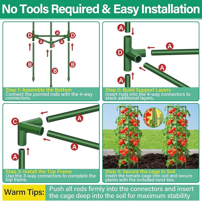 Legigo 6 Pack 65 Inch Tomato Cage for Garden, Heavy-Duty Tomato Trellis Plant Support Stakes, Adjustable Garden Trellis Plant Cage for Climbing Plants Peppers Outdoor Raised Garden Bed and Vegetables