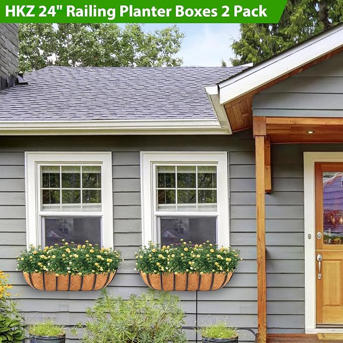 HKZ Deck Balcony Railing Planter Window Boxes - 2 Pack 24 Inch Planter Box, Balcony Planters Railing Hanging, Window Boxes Outdoor Fence Planters