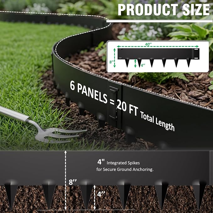 Metal Landscape Edging 20FT – 8” Tall Galvanized Steel Garden Border with Built-in Spikes & Connector Pins, No Dig Flexible Lawn Edging for Landscaping, Yard, Walkways & Flower Bed