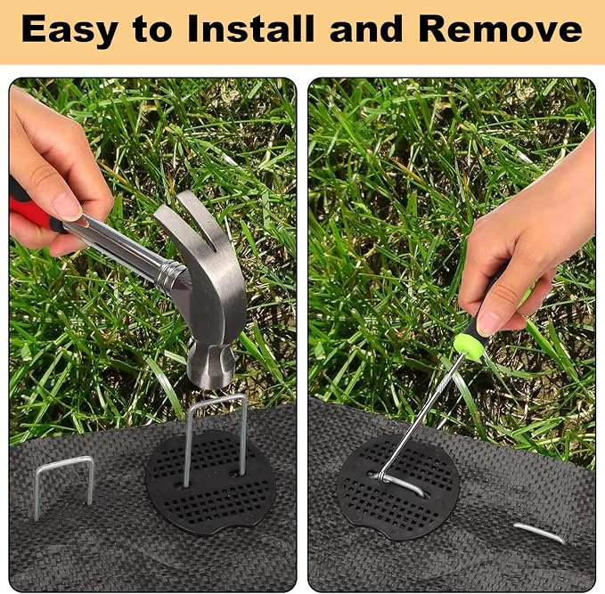 8 Inch Landscape Staples Set, 200Pcs U-Shaped Landscape Staples and 200Pcs Fixing Gasket with 1 Pcs Pick Hook for Weed Fabric & Landscaping 100 Pack