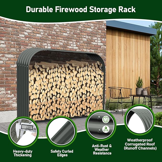 ANLEOLIFE Galvanized Steel Firewood Rack with Weatherproof Corrugated Roof (Shed-Style Log Storage), Heavy Duty Outdoor Log Holder, Rust Resistant, Trio Gray, 18"D x 54"W x 43"H