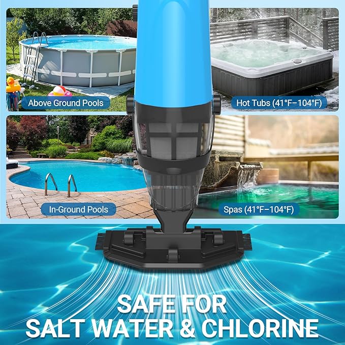 Cordless Handheld Pool Vacuum for Above Ground Pools, 18GPM IPX8 60Mins Above Ground Pool Vacuum W/4-Section Pole for Leaves Sand Debris & Step Corner Wall, Pool Vacuum for Inground Pools Hot Tub Spa