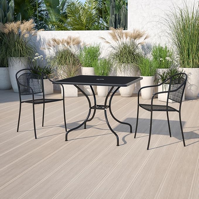Flash Furniture Oia Commercial Grade 35.5" Square Black Indoor-Outdoor Steel Patio Table with Umbrella Hole