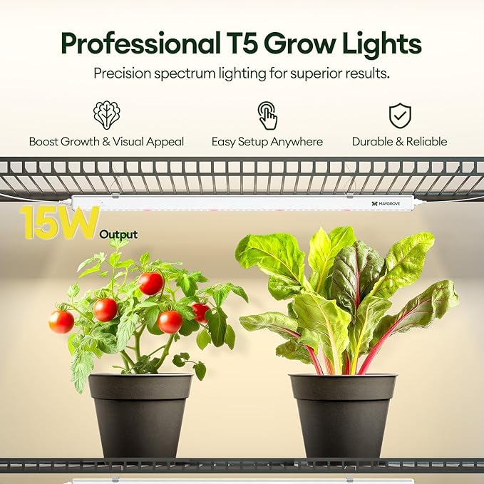 Maygrove T5 Grow Lights for Indoor Plants 2FT, Red-Enhanced Full Spectrum 5000K Grow Light, 60W(4 x 15W), Grow Light Strips for Seed Starting, Greenhouse, High PPFD, Linkable, White, 4-Pack
