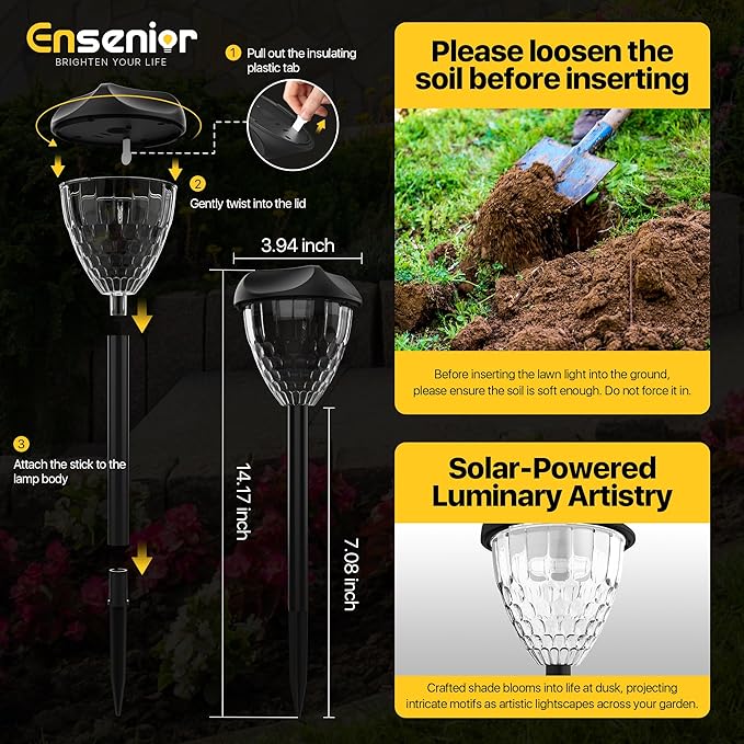 Ensenior Solar Pathway Lights Outdoor - 14.17" Height, 6500K LED Landscape Garden Lights, IP65 Waterproof, Tool-Free Auto ON/Off for Garden Yard Patio Walkway Landscape, 8-Pack