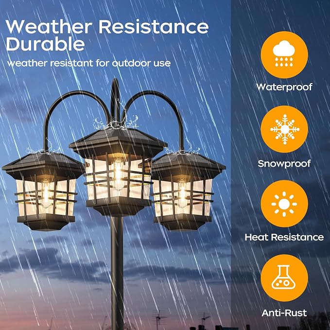 76" Classic Black Solar Lamp Post Lights - 3-Head Waterproof Outdoor Street Lights, Pole Light Decorative Lamp for Backyard, Garden, Driveway, Lawn (LED Bulbs Included)